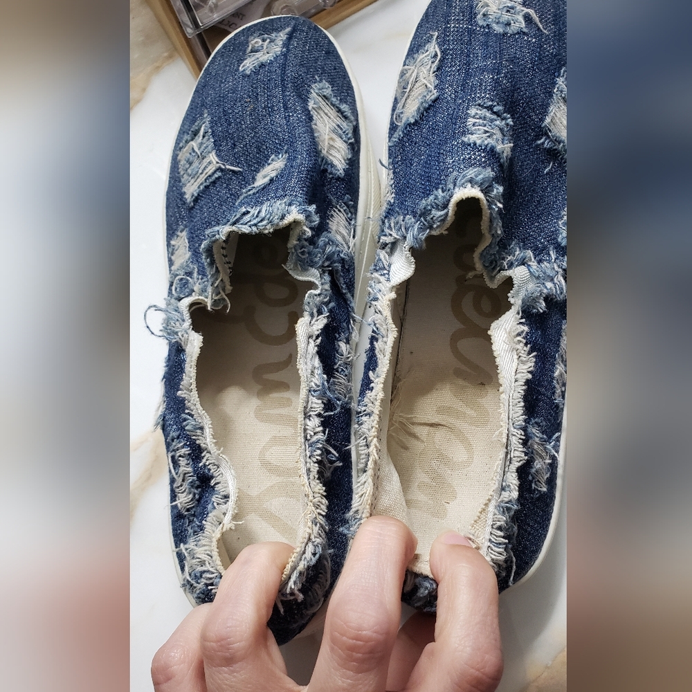 Sam Edelman Lacey Blue Denim Jeans Distressed Slip On Platform Shoes Size 6m - Picture 9 of 10